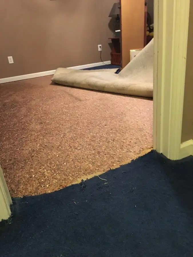 Carpet pad removal revealing water damage during Water Mitigation Services in Briarcliff Manor